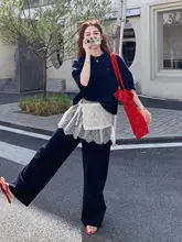 2点セット レディース Tシャツ ワイドパンツ ネイビー レース カジュアル 夏