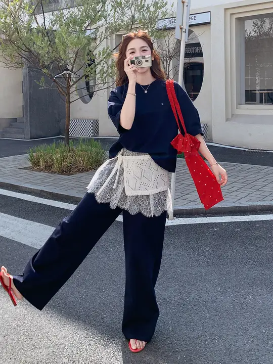 2点セット レディース Tシャツ ワイドパンツ ネイビー レース カジュアル 夏