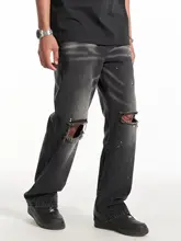 水洗い加工のペイントデニムパンツ【ストリートスタイル・カジュアル・ヒップホップ】