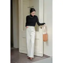 冬用 レディース 加绒デニムパンツ【白色・フィット・ワイドレッグ】