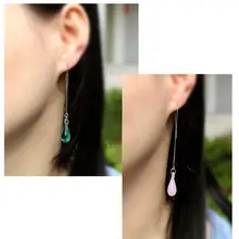 925純銀製 アレルギー対策の長款水滴形イヤリング【レトロデザイン・琉璃製】