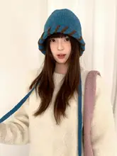 冬用ニット帽【ブルーカラー・耳当て付き・防寒レトロスタイル】（セットアップ対応）