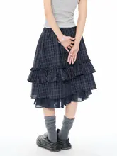 レディース 夏用チェック柄レースフレアミディスカート【学院風・ハイウエスト・体型カバー】（セットアップ対応）
