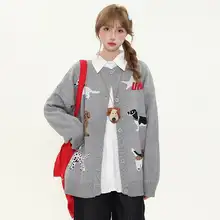 YIKOJIA カートゥーンデザイン犬柄ニットカーディガン【丸首・春秋用・ルーズフィット・カップル向け】