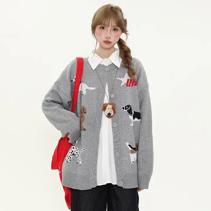 YIKOJIA カートゥーンデザイン犬柄ニットカーディガン【丸首・春秋用・ルーズフィット・カップル向け】