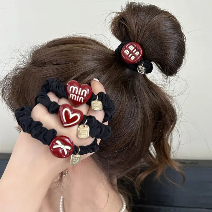 レトロなワインレッドと黒のヘアゴム【上質なデザイン・高級感のあるヘアアクセサリー】