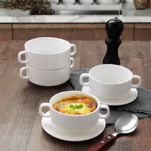 ダブルハンドル陶器製スープボウル【骨瓷・サラダ・デザート用】