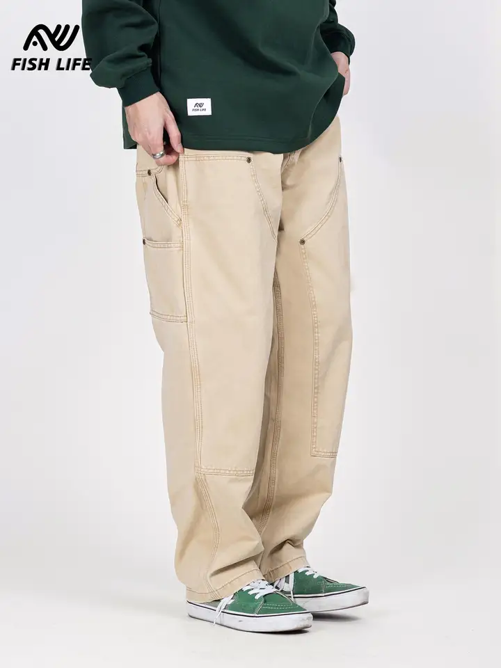 ヴィンテージ風 休暇用パンツ【ウォッシュ加工・ゆったりストレート・ダブルニーパッ チ付き】（セットアップ対応）