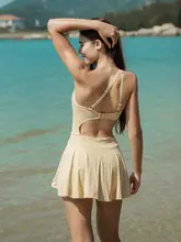 ワンショルダー 高級レース風ヴィンテージベージュ スカートデザイン ワンピース水着【胸パッド付き・温泉用】