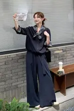 2点セット レディース ネイビー フレンチ風 ヴィンテージ ワイドパンツ おしゃれ きれいめ 上品 秋