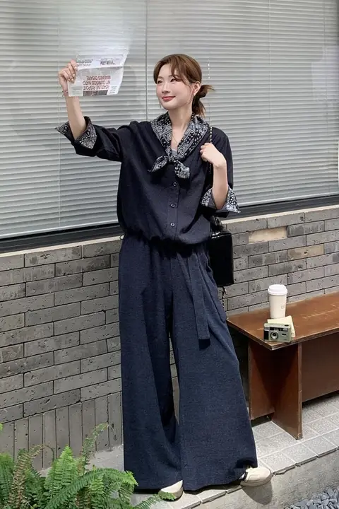 2点セット レディース ネイビー フレンチ風 ヴィンテージ ワイドパンツ おしゃれ きれいめ 上品 秋