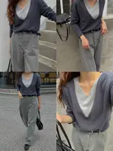 秋冬用100%ウールVネックニットトップス【フェイクレイヤード・トレンドデザイン】（セットアップ対応）