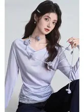 デザイン性のあるレース襟長袖Tシャツ【秋用・フレンチスタイル・飾りリボン付き】