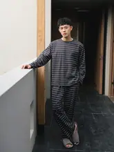 男性用 睡眠着【純綿・薄手・長袖・カジュアルなストライプ・家でも外出もOK】（セットアップ対応）