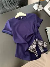 シルクスカーフ付きバンドデザインの半袖Tシャツ【夏用・ルーズフィット・女性用】（セットアップ対応）