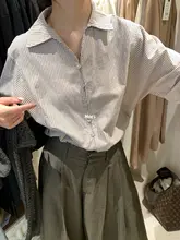 春季新作 異素材ストライプVネックシャツ【ルーズフィット・長袖・フレンチスタイル】