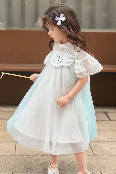 女の子用漢服ドレス【夏用・短袖・メッシュスカート・中国風】（セットアップ対応）
