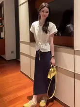 デザイン性のあるレース付きドローストリングシャツとフレアスカート【カジュアル・多用途】（セットアップ対応）
