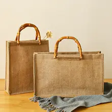 トートバッグ レディース コットンリネン キャンバス ジュート 竹ハンドル ヴィンテージ ナチュラル DIY エコバッグ