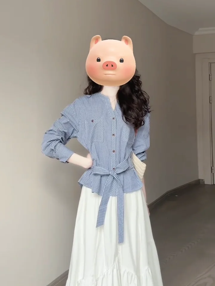 柔らかいチェック柄シャツとスカートのコーディネート【カジュアル・ユニークデザイン】（セットアップ対応）