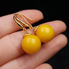 銀メッキの蜜蜡イヤリング【天然老蜜蜡・琥珀調・フック式】