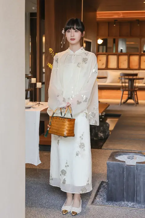 ハンドメイドの盘扣付きロングドレス【丸首・中華風・国風シャツ】（セットアップ対応）