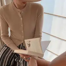 秋冬用 メリノウールカーディガン【プラムカラー・長袖・丸首・タイトフィット】