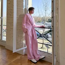深Vネックピンクスーツ【メンズ・ワイドパンツ・デザイン性抜群・フォーマル】（セットアップ対応）