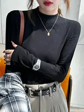 女性用 モダール素材 半高ネック長袖Tシャツ【春秋用・ホワイト・タイトフィット】