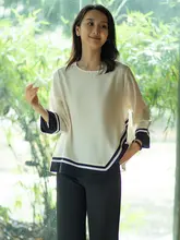 撞色デザインの九分袖シフォンブラウス【女性用・ゆったりシルエット・秋用】（セットアップ対応）