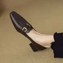 Diao'er 高品質グラブレザー太ヒールローファー【レトロな金具付き・女性用】