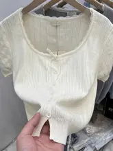 短丈ニットトップス【レース付き・デザイン性あり・夏用・女性用・ボタン付き】