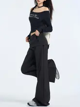 高腰のフィット黒のワイドレッグパンツ【スカート風・カジュアル・カンガルーポケット・偽二重デザイン】（セットアップ対応）
