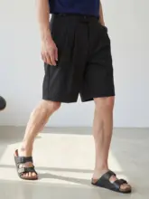 ハーフパンツ メンズ ウエスト調節可能 ダブルタック ドレープ性 ノーアイロン 通勤 夏「LUUD」