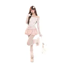 可愛らしいアニマルプリントのオフショルダー長袖Tシャツ【春用・スリムフィットデザイン】