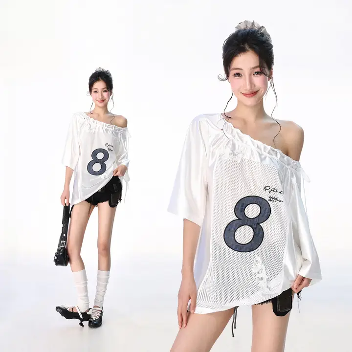 スポーティなデザインのメッシュ切り替えTシャツ【女性用・短袖・肩紐付き・カジュアル】