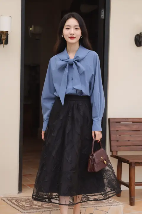 LINGYILI 春シリーズ グレー・ブルーのネイビースタイル 80サイ綿のリボン付きシャツ