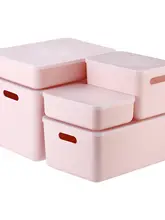 珊瑚色の化粧品デスク収納ボックス【防塵・プラスチック製・ふた付き】