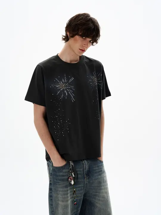 Tシャツ 半袖 メンズ 肉厚 ラインストーン アメリカンスタイル ストリート 上品 クール カップル