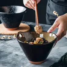 陶器 ラーメンボウル 家庭用スープボウル サラダボウル フルーツボウル 両耳箸立てボウル 創意 レトロ