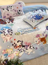 手描きのブルーコットンのドット犬柄布団カバー【四点セット・100%コットン】（セットアップ対応）