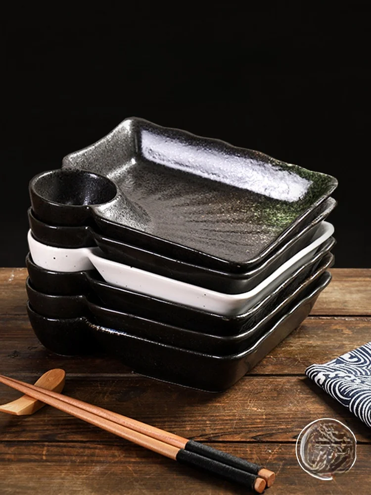 日本式陶磁器醤油皿付き餃子プレート：長方形3cm盤深の和風使い分け設計