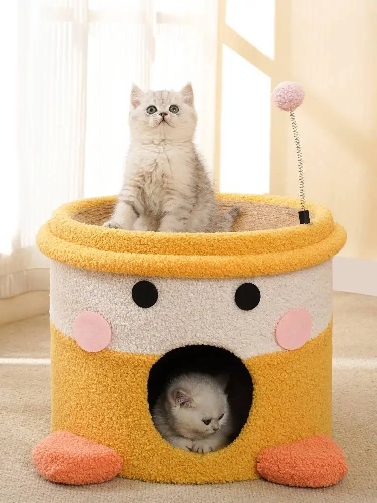 二層構造のキャットタワー：猫用爪とぎ付き・麻素材でストレス対策を実現