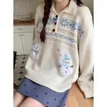 ニット セーター レディース フェアアイル柄 雪だるま 犬 白 甘め お正月 冬「BibiBency」