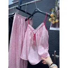 ルームウェア セットアップ レディース キャミソール ロングパンツ フレンチ風 ヴィンテージ ピンク 上品 夏 お出かけ可能