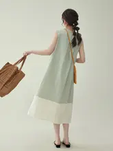 北島AMUU オリジナル 韓国風 ラウンドネック ノースリーブ パッチワーク ワンピース【夏用・スタイル】