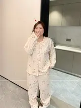 猫柄デザインの長袖パジャマ【極上の柔らかさ・ハート型リボン・秋冬用】（セットアップ対応）
