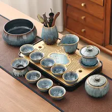 高級感ある窯変功夫茶具セット【陶器製・茶壺・蓋碗・茶杯・小茶盤・家庭用・オフィス用】