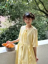 夏用フランス風の柔らかい少女向けクリームイエローのレース装飾ウエストマーク短袖ワンピース【プリンセススタイル・ロング丈】