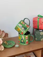 レトログリーンのクリスマス陶器マグカップ【大容量・蓋付き・家庭用・オフィス用】